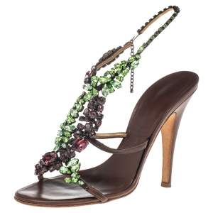 Pre Owned Giuseppe Zanotti Brown Leather Crystal Embellished Strappy Sandals Size 39.5