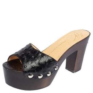 Pre Owned Giuseppe Zanotti Black Ostrich Embossed Leather Gladis Platform Clogs Size 38