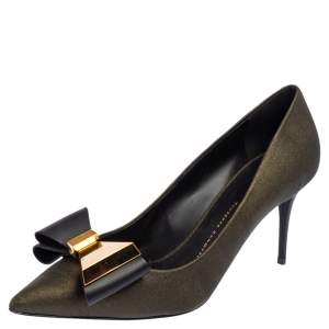Pre Owned Giuseppe Zanotti Metallic Bronze Leather Bow Embellished Pointed Toe Pumps  Size 37.5