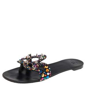 Pre Owned Giuseppe Zanotti Black Suede Crystal Embellished Flats Size 38 