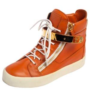 Pre Owned Giuseppe Zanotti Orange Leather Coby High Top Sneakers Size 38