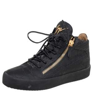 Giuseppe Zanotti Black Python Embossed Leather Double Zip High Top Sneakers Size 41