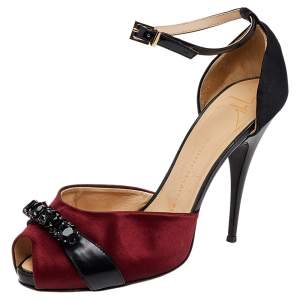 Giuseppe Zanotti Black/Burgundy Satin And Leather Slingback Sandals Size 38
