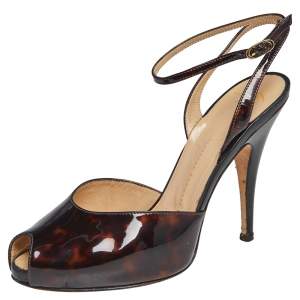 Pre Owned Giuseppe Zanotti Brown Tortoise Patent Leather Peep Toe Ankle Strap Sandals Size 37