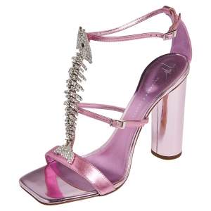 Pre Owned Giuseppe Zanotti Pink Leather Fishbone Embellished Ankle Strap Sandals Size 39