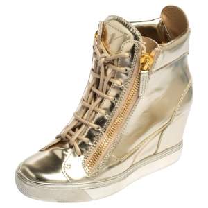 Pre Owned Giuseppe Zanotti  Rose Gold Leather High Top Wedge Sneakers 37