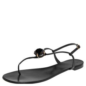 Pre Owned Giuseppe Zanotti Black Patent Leather Jewel Embellished T Strap Flat Sandals Size 39