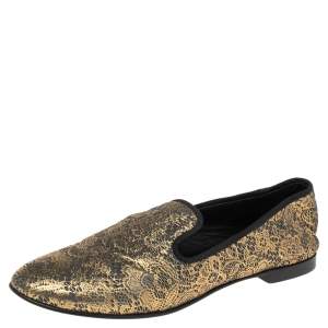 Giuseppe Zanotti Gold/Black Lace Print Suede Smoking Slipper Size 36.5