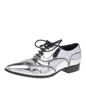 Giuseppe Zanotti Metallic Silver Patent Leather Lace Up Oxfords Size 37