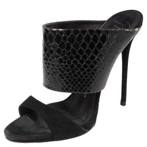 Giuseppe Zanotti Black Python Embossed Leather and Suede Beverly Open Toe Sandals Size 40