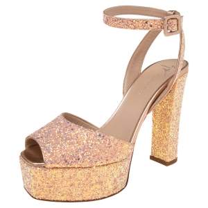 Giuseppe Zanotti Pink Coarse Glitter And Leather Ankle Strap Platform Sandals 40.5