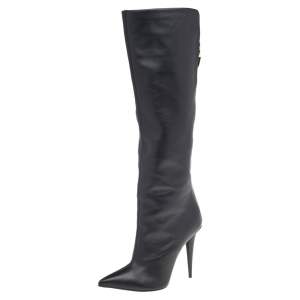 Pre Owned Giuseppe Zanotti Black Leather Pointed Toe Knee Length Boots Size 38.5