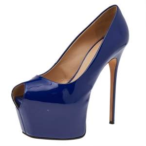 Pre Owned Giuseppe Zanotti Blue Patent Leather Platform Peep Toe Pumps Size 38
