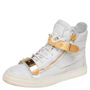 Giuseppe Zanotti White Croc Embossed Leather London High Top Sneakers Size 40