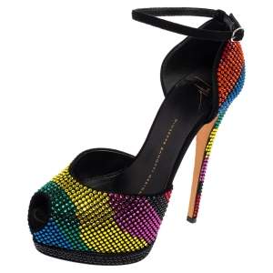 Pre Owned Giuseppe Zanotti Multicolor Strass Peep Toe Platform D'Orsay Pumps Size 36