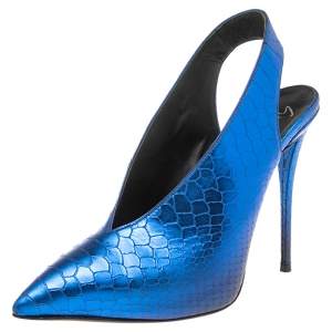 Pre Owned Giuseppe Zanotti Metallic Blue Python Embossed Leather Slingback Pointed Toe Sandals Size 37