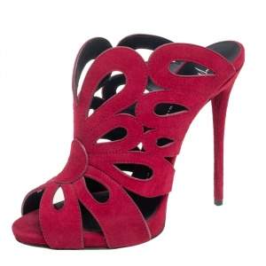 Pre Owned Giuseppe Zanotti Burgundy Cutout Suede Peep Toe Mules Size 37