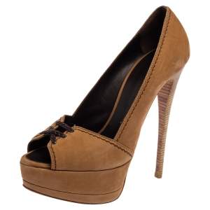 Pre Owned Giuseppe Zanotti Tan Nubuck Leather Peep Toe Platform Pumps Size 37