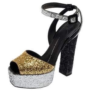 Pre Owned Giuseppe Zanotti Multicolor Glitter Betty Peep Toe Platform Sandals Size 36.5