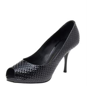 Pre Owned Giuseppe Zanotti Black Embossed Leather Peep Toe Pumps Size 39.5