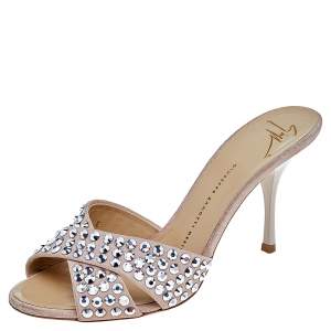 Pre Owned Giuseppe Zanotti Beige Suede Crystal Embellished Slide Sandals Size 38.5