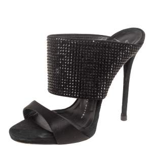 Pre Owned Giuseppe Zanotti Black Satin And Crystal Embellished Suede Open Toe Sandals Size 36