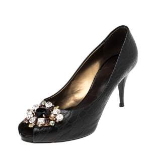 Pre Owned Giuseppe Zanotti Black Croc Embossed Leather  Crystal Embellished Peep Toe Platform Pumps Size 39.5