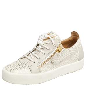 Pre Owned Giuseppe Zanotti  Grey Python Embossed Leather and Leather Lace up Sneakers Size 37.5