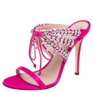 Giuseppe Zanotti Pink Satin Crystal Embellished Slide Sandals Size 39