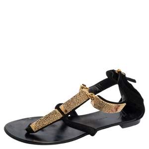Pre Owned Giuseppe Zanotti Black Suede Embellished Thong T-strap Sandals Size 39