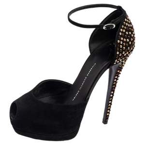 Pre Owned Giuseppe Zanotti Black Suede Crystal Embellished Ankle-Strap Peep-Toe Sandals Size 38