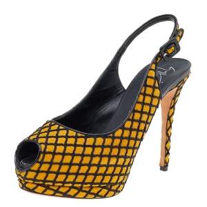 Giuseppe Zanotti Yellow/Black Suede And Fabric Platform Peep Toe Slingback Sandals Size 38.5