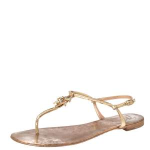 Pre Owned Giuseppe Zanotti Metallic Gold Leather Thong Flat Sandals Size 39