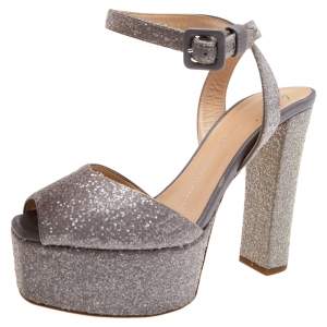 Pre Owned Giuseppe Zanotti Grey Coarse Glitter Ankle Strap Platform Sandals 38