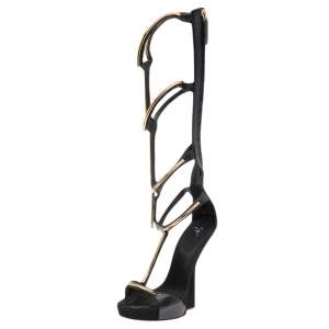 Pre Owned Giuseppe Zanotti Black Suede Gold Bar Sculpted Gladiator Sandals Size 37