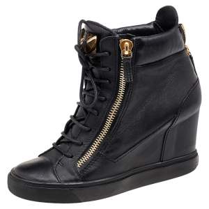 Pre Owned Giuseppe Zanotti Black Leather Double Zip Wedge Sneakers 39