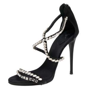 Pre Owned Giuseppe Zanotti Black Satin Crystal Embellished Strappy Zipper Sandals Size 39