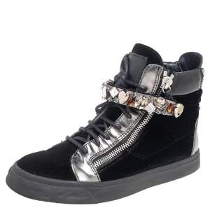 Pre Owned Giuseppe Zanotti Black Leather and Velvet Crystal Strap High Top Sneakers Size 39.5