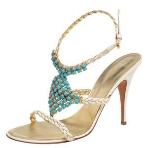 Pre Owned Giuseppe Zanotti Beige/Blue Crystal Embellished Braided Leather Ankle-Strap Sandals Size 41