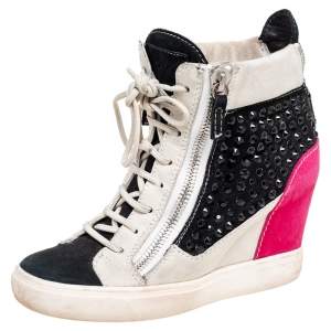 Pre Owned Giuseppe Zanotti Multicolor Crystal Embellished Suede Wedge Sneakers Size 37