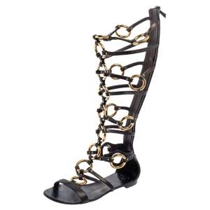 Pre Owned Giuseppe Zanotti Black/Gold Chained Leather Gladiator Sandals Size 37
