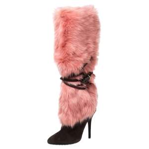 Pre Owned Giuseppe Zanotti Brown/Pink Suede and Fur Lined Knee Boots Size 37