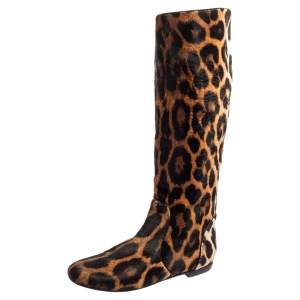 Pre Owned Giuseppe Zanotti Brown/Beige Leopard Print Calf Hair Mid-Calf Boots Size 37