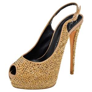 Pre Owned Giuseppe Zanotti Beige Suede Embellished Platform Slingback Sandals Size 38