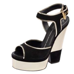 Pre Owned Giuseppe Zanotti Black/Gold Suede and Leather Trim Wedge Platform Sandals Size 38