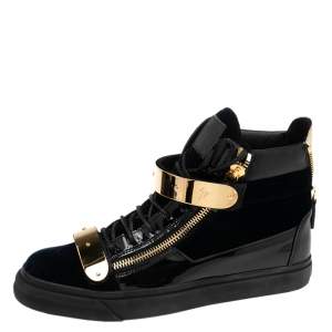 Pre Owned Giuseppe Zanotti Navy Blue/Black Velvet and Patent Leather Coby High-Top Sneakers Size 43