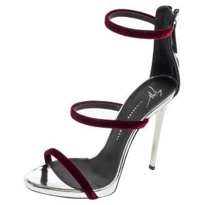 Pre Owned Giuseppe Zanotti Burgundy Patent Leather and Velvet Harmony Ankle-Strap Sandals Size 36.5