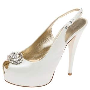 Pre Owned Guiseppe Zannotti Cream Leather Peep Toe Slingback Platform Sandals Size 38