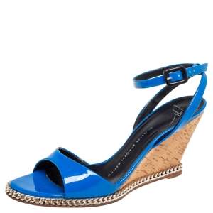 Pre Owned Giuseppe Zanotti Blue Patent Leather Ankle-Strap Chain Wedge Sandals Size 37