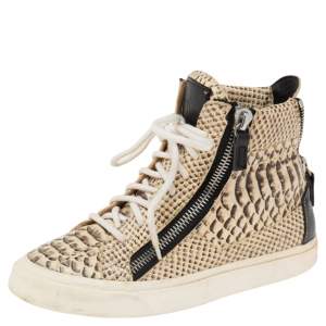Pre Owned Giuseppe Zanotti Beige/Black Python Embossed Leather High Top Sneakers Size 36